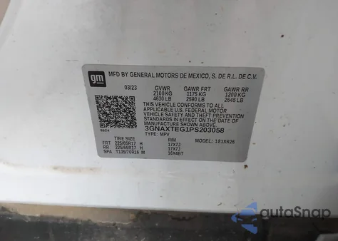 2023 Chevrolet Equinox Awd 2Fl z USA, uszkodzony, nr VIN 3GNAXTEG1PS203058